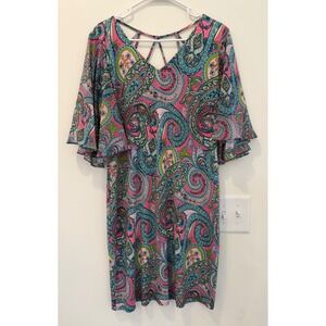 Ivy Lane Womens Pink Blue Paisley Strappy Back Flutter Sleeve Shift Dress Size M